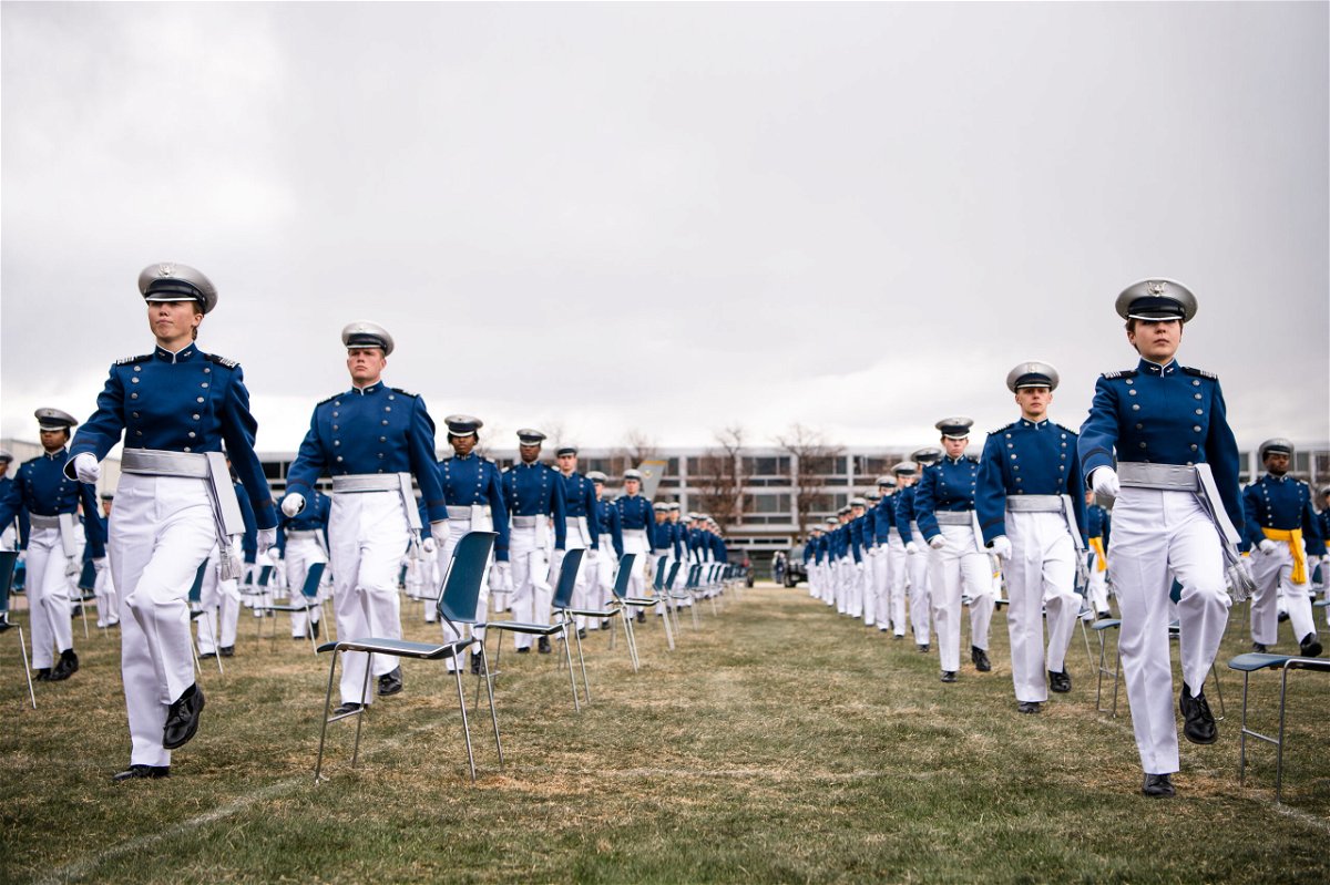 U.S. Air Force Academy -- Cadets going onto the Space Force march on to the terrazzo to start the U.S. Air Force Academy's Class of 2020 Graduation Ceremony at the Air Force Academy in Colorado Springs, Colo., April 18, 2020. Nine-hundred-sixty-seven cadets crossed the stage to become the Air Force/Space Force’s newest second lieutenants. (U.S. Air Force photo/Trang Le)