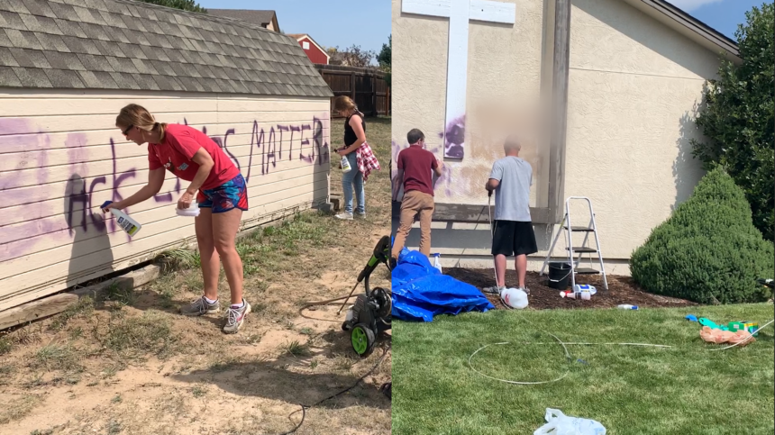 Community members clean graffiti Sunday afternoon.