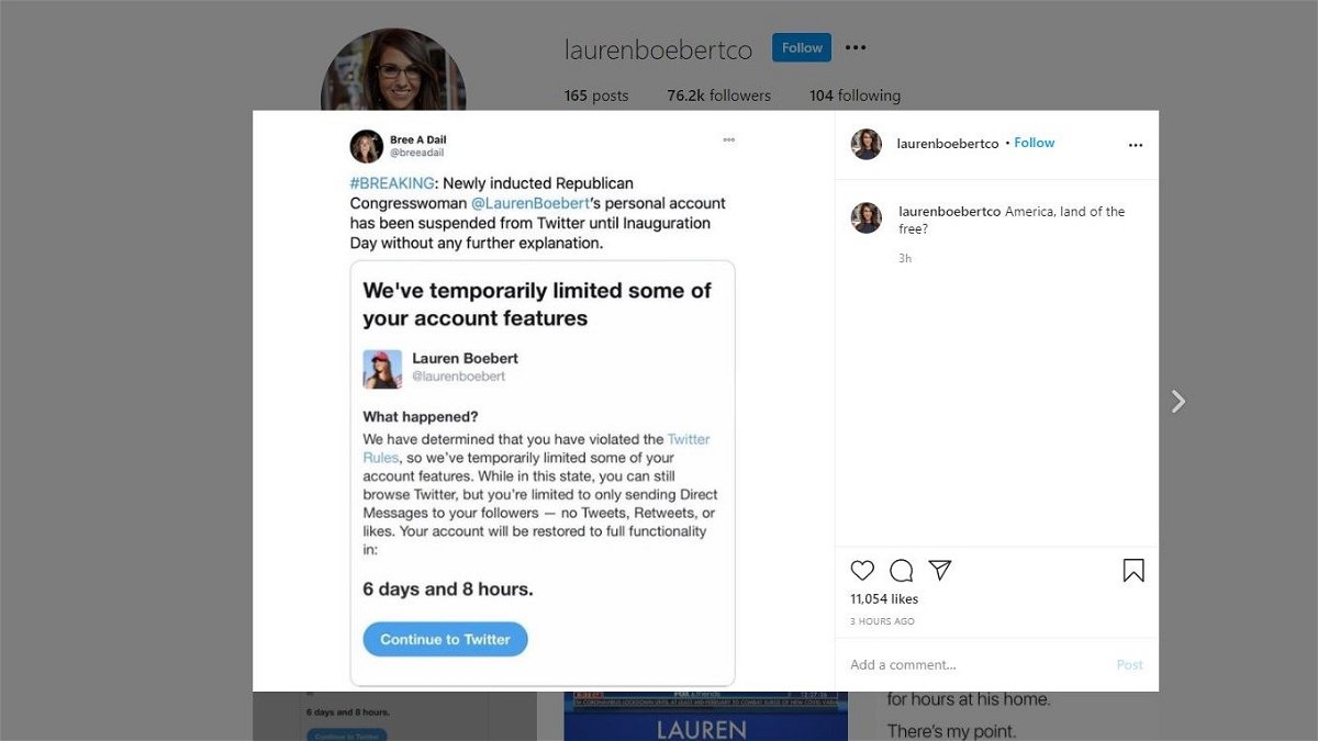 Rep. Boebert says Twitter limited her access in response to an unspecified tweet.