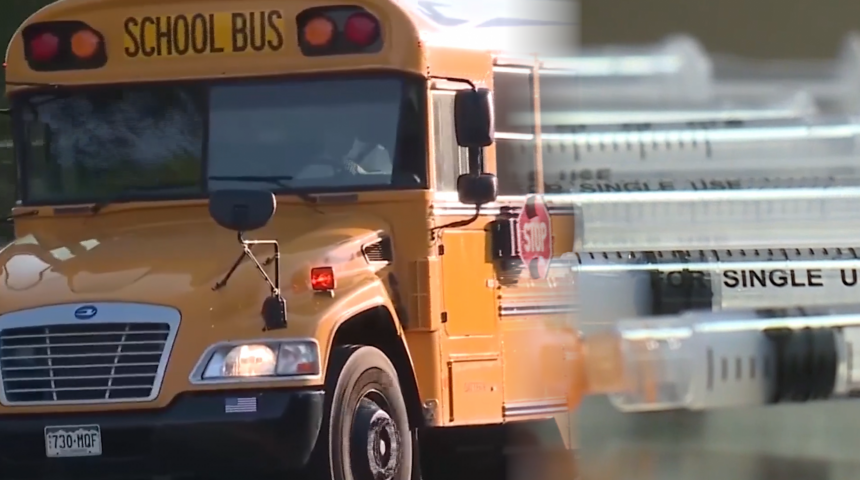 School bus and vaccine syringes