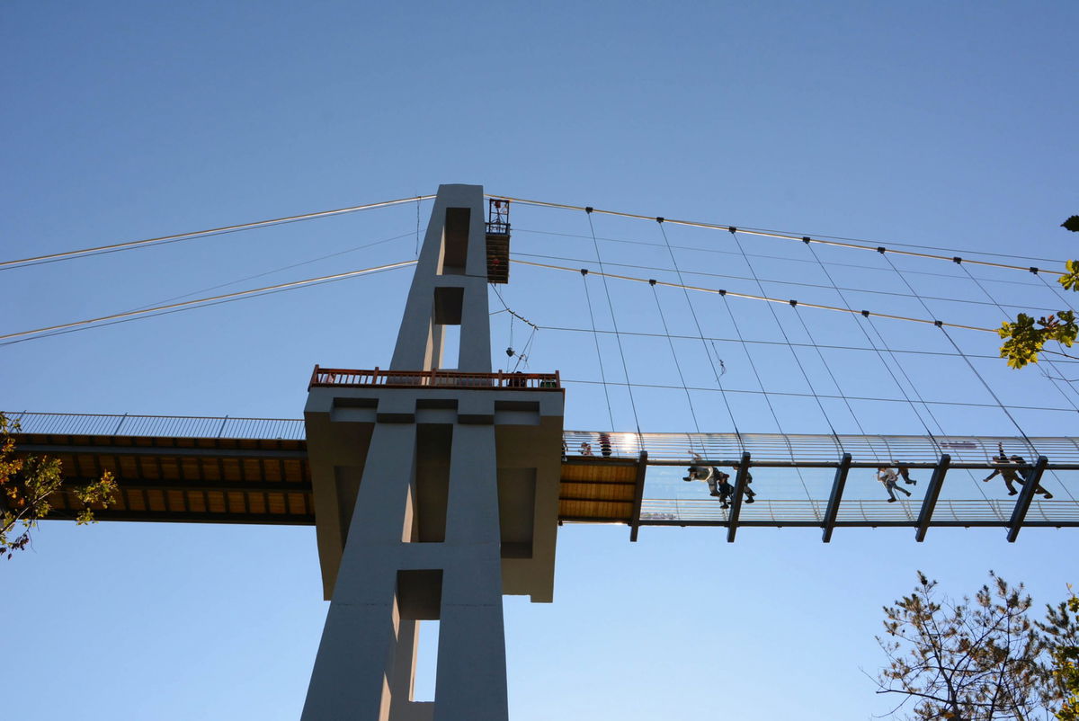 Tourists brave the 5D glass-bottom bridge over a valley in Longjing city, Yanbian Korean Autonomous Prefecture, northeast China's Jilin province, 4 October 2018. Jilin's first 5D glass-bottomed bridge attracted lots of visitors during the National Day holiday in Longjing city, Yanbian Korean Autonomous Prefecture, northeast China's Jilin province, 4 October 2018. The bridge, 400 meters long, 2.5 meters wide and 260 meters above the bottom of the valley, provided visitors a 5D experience.  (Imaginechina via AP Images)