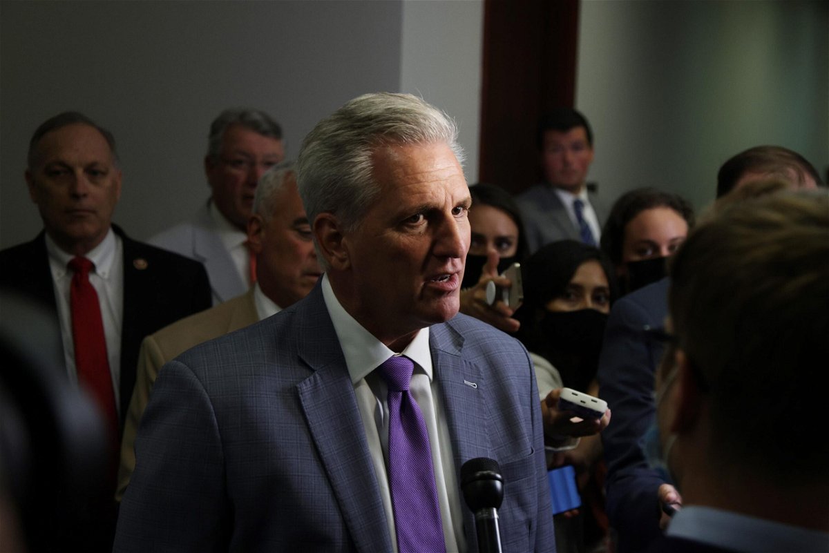 <i>Alex Wong/Getty Images</i><br/>Minority Leader Kevin McCarthy retracted his selections to the key select committee on the economy because he was still upset that House Speaker Nancy Pelosi rejected two of his picks for a much more contentious select committee: the one investigating the January 6 riot. McCarthy is shown speaking to members of the press as he arrives at a House Republican Conference meeting at the U.S. Capitol July 28