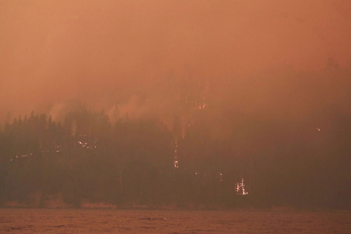 <i>John G. Mabanglo/EPA-EFE/Shutterstock</i><br/>Heavy smoke and flames on the west side of Butte Valley Reservoir from the Dixie fire in Plumas County