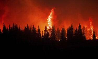 Flames from the Dixie Fire crest a hill in Lassen National Forest.