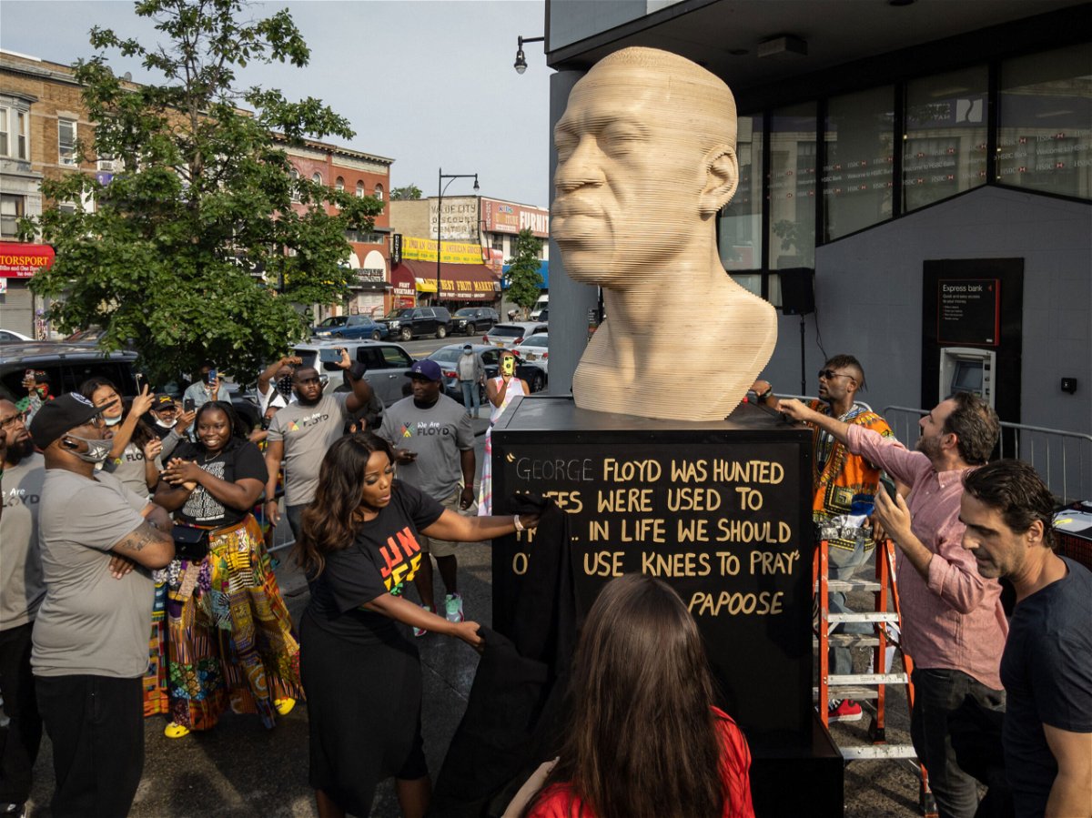 <i>Ed Jones/AFP/Getty Images</i><br/>A statue of George Floyd that has been in Brooklyn's Flatbush neighborhood since Juneteenth will be moved on July 26 -- first back to the studio for refurbishment and then to Manhattan's Union Square Park in September as planned