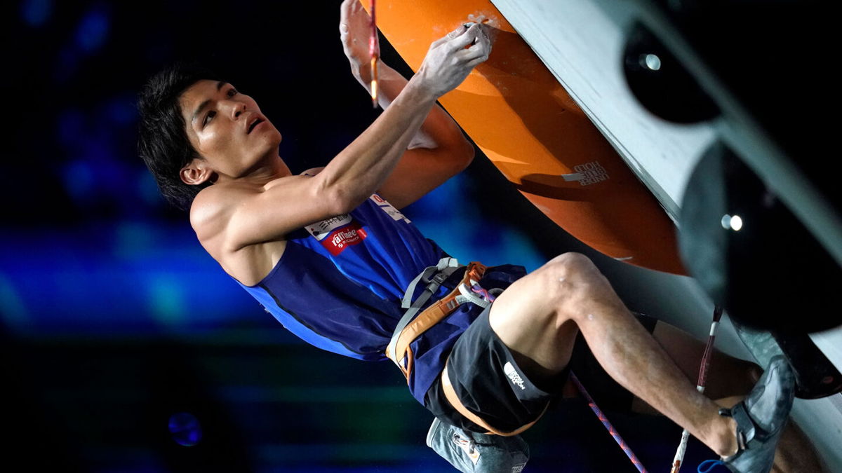 <i>Toru Hanai/Getty Images</i><br/>Olympic sport climber Tomoa Narasaki of Japan competes in the 2019 Climbing World Championships.