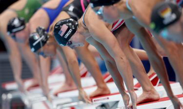 Katie Ledecky prepares to race in the women's 800m freestyle final at the Tokyo Olympics.