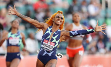 Sha'Carri Richardson celebrates winning the Women's 100-meter final on day 2 of the 2020 US Olympic Track & Field Team Trials at Hayward Field on June 19