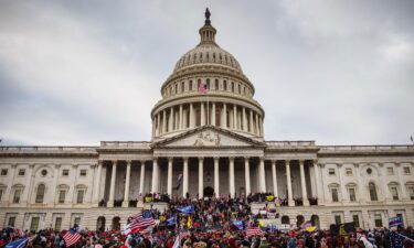 A large group of rioters stand on the East steps of the Capitol Building after storming its grounds on January 6