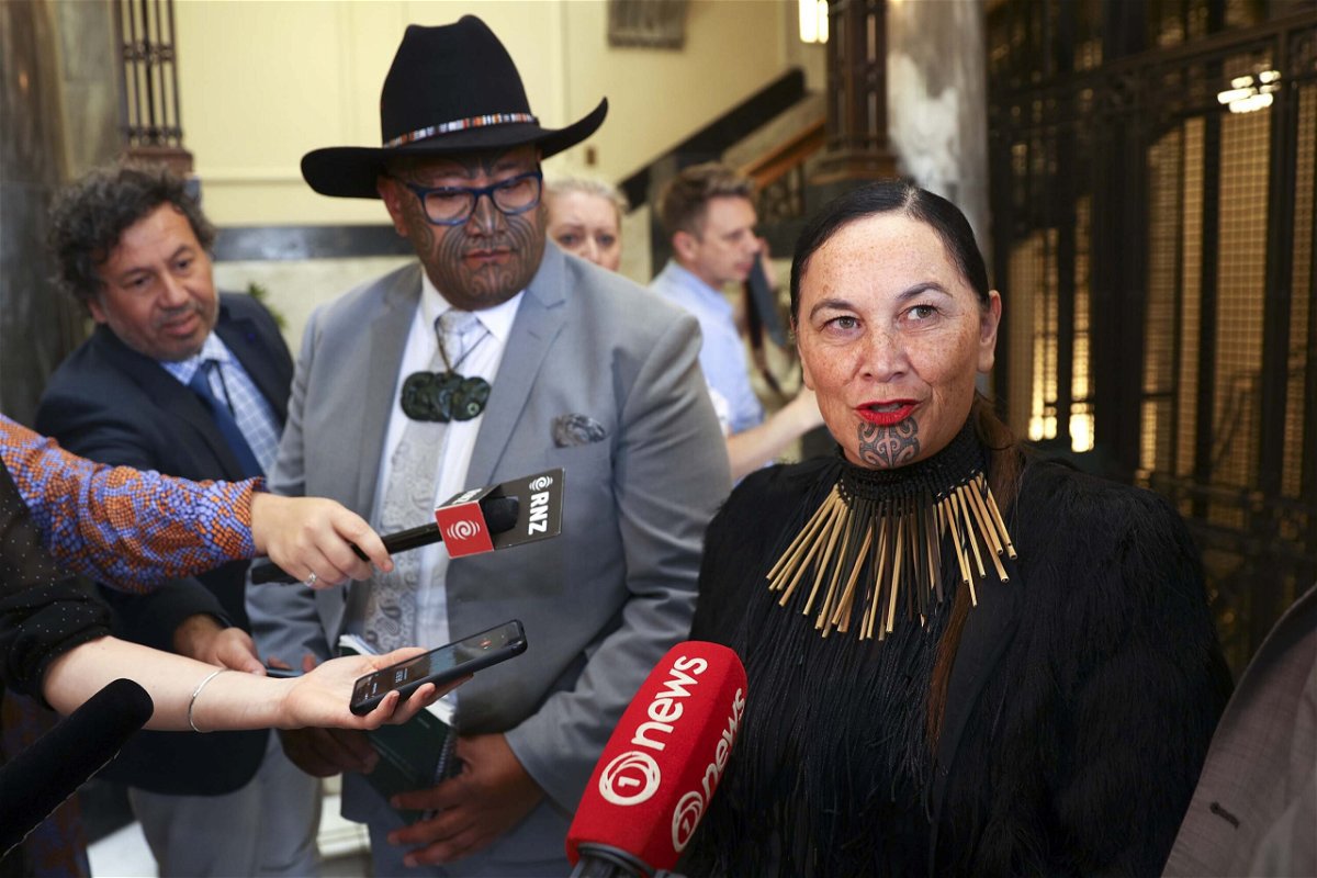<i>Hagen Hopkins/Getty Images</i><br/>New Zealand's Māori Party campaigns to change the country's name to Aotearoa. Maori Party co-leaders Rawiri Waititi and Debbie Ngarewa-Packer here speak to the media on November 26