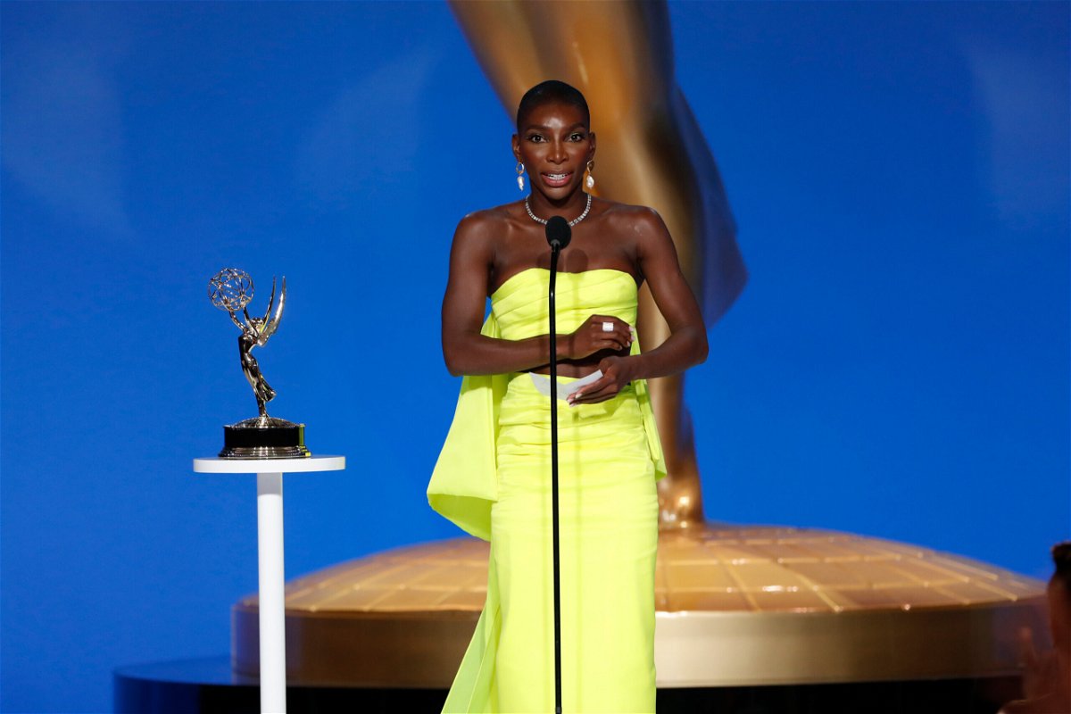 <i>Cliff Lipson/CBS/Getty Images</i><br/>Michaela Coel from 'I May Destroy You' speaks at the 73rd Emmy Awards broadcast on Sunday.