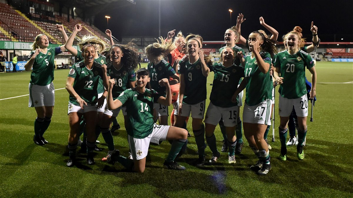 <i>Charles McQuillan/Getty Images</i><br/>Northern Ireland celebrates after winning 2-0 against Ukraine in the UEFA Women's Euro 2022 play-offs in Belfast