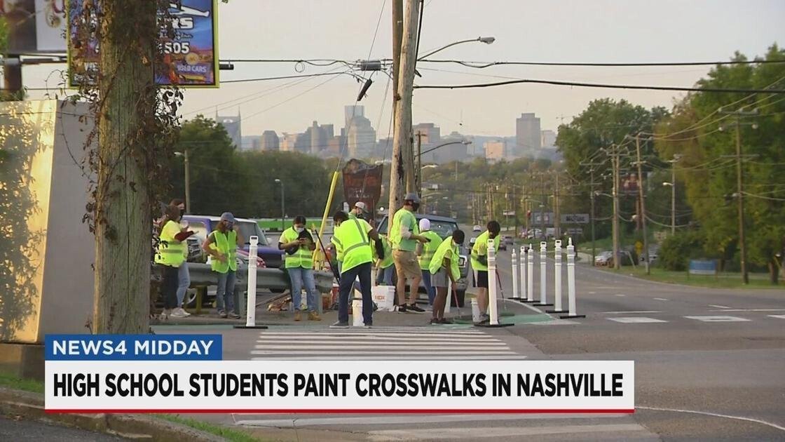 <i>WSMV</i><br/>Nashville high school students install glow-in-the-dark crosswalks on October 24.