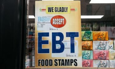 A historic increase in food stamp benefits starts in October. A sign alerting customers about food stamps benefits is displayed at a Brooklyn grocery store on December 5