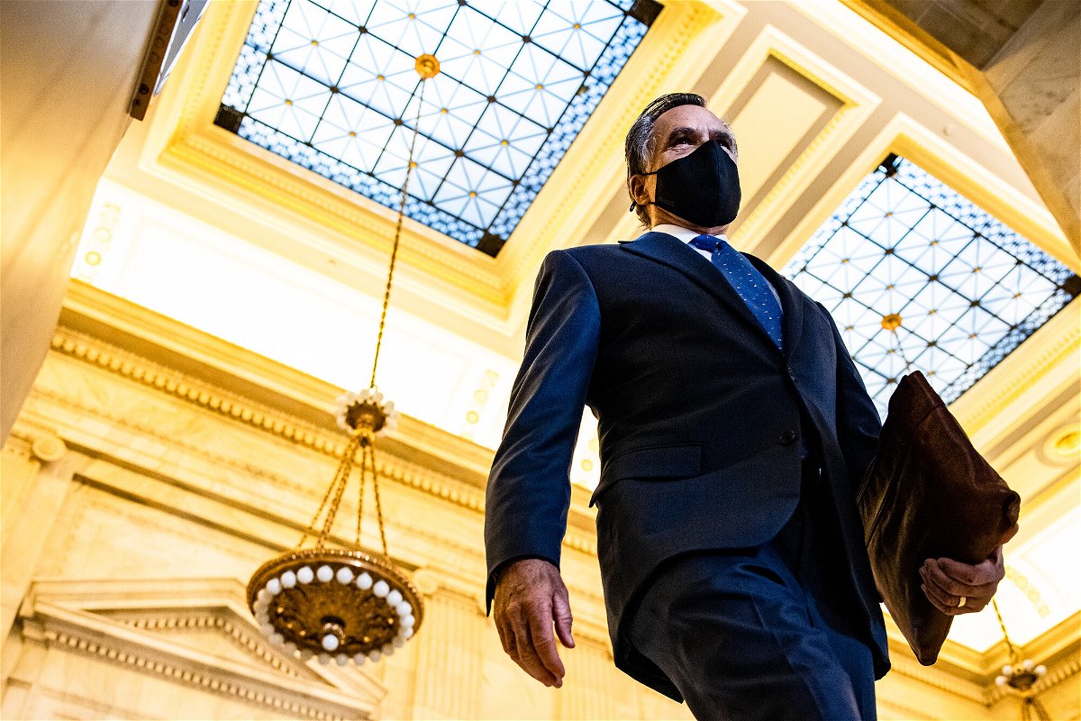 <i>Samuel Corum/Getty Images</i><br/>Republican Sen. Mitt Romney on Sunday defended the filibuster and blasted Democrats calling for its elimination. Romney is shown here leaving the Senate GOP policy luncheon in the Rayburn Senate Office Building on Capitol Hill on March 2