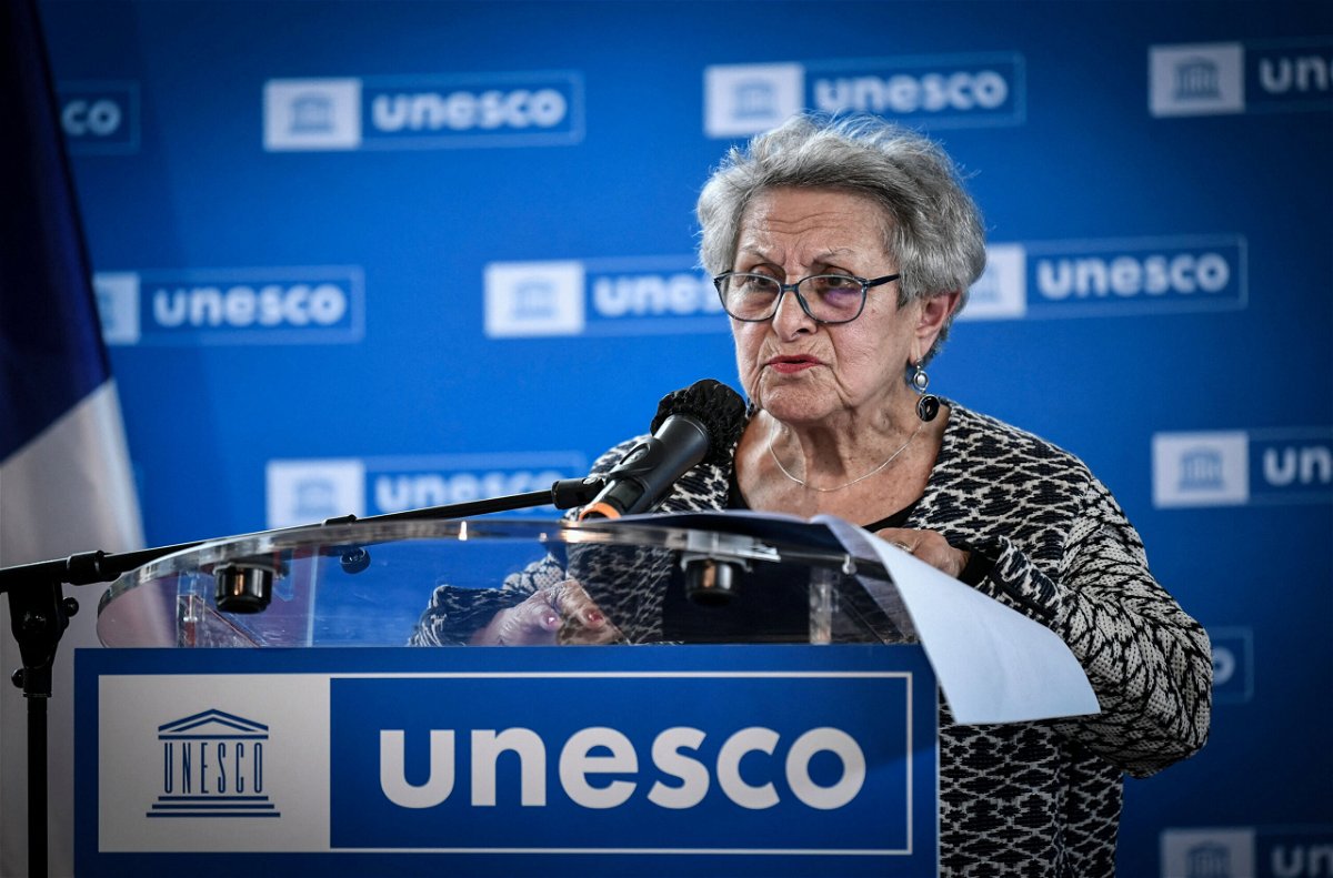 <i>Stephane De Sakutin/AFP/Getty Images</i><br/>Private collector Manichak Aurance delivers a speech on October 25 at the UNESCO headquarters in Paris during a ceremony to return a Mayan artifact to Guatemala.