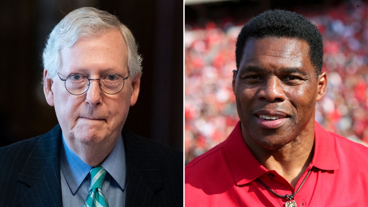 <i>CQ Roll Call/Getty Images</i><br/>Senate Republican leader Mitch McConnell (left) is backing former football star Herschel Walker's (right) Senate bid in Georgia