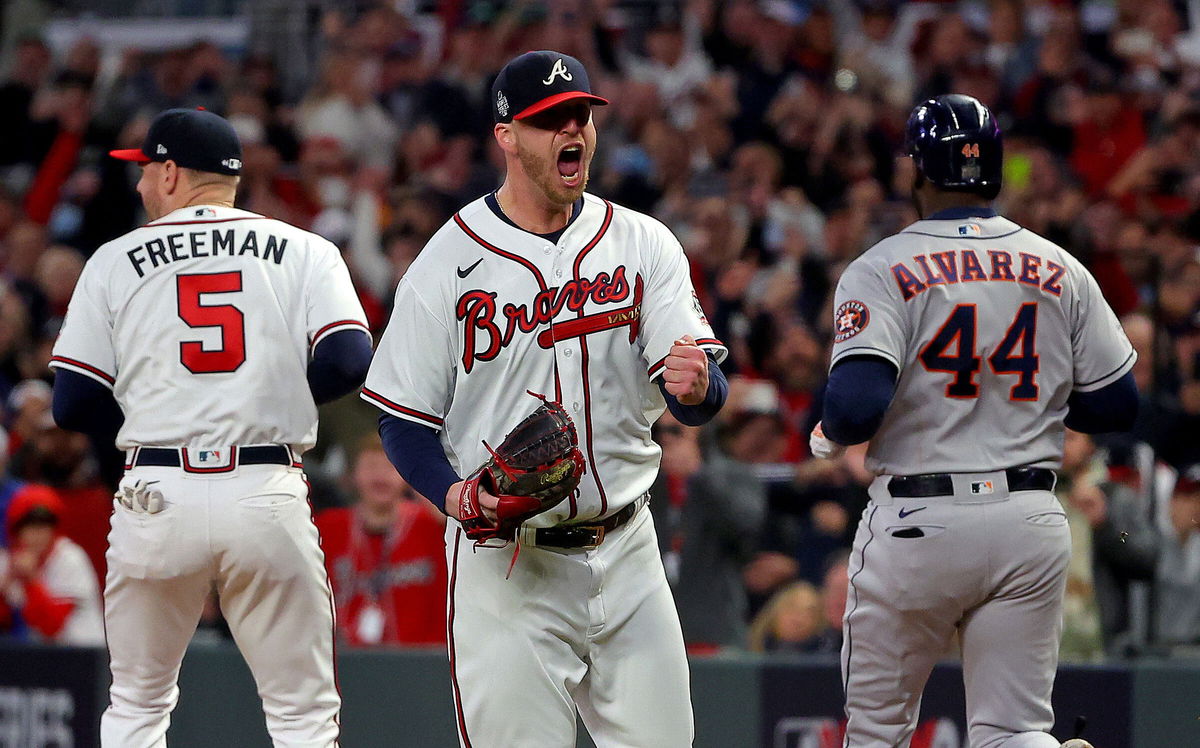 <i>Kevin C. Cox/Getty Images</i><br/>The Braves' Will Smith celebrates the team's 3-2 win against the Astros in Game 4.