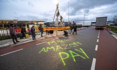 Extinction Rebellion activists block the access to the distribution center of e-commerce company Amazon in Rozenburg-Schiphol