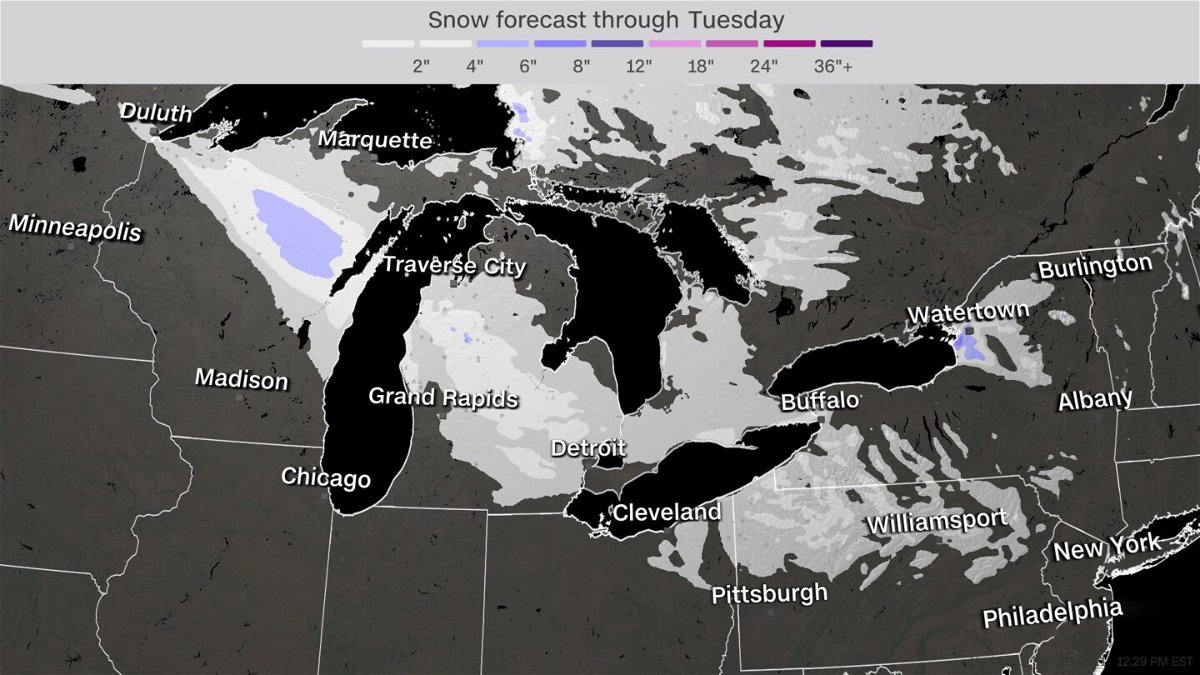 <i>CNN Weather</i><br/>Forcast snow accumulation for the Great Lakes.