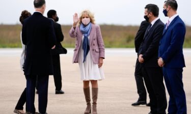 First lady Jill Biden plans to embark on a "nationwide effort" to encourage Covid-19 vaccinations for children 5 to 11 years old next week. Biden is shown here arriving for her flight to Naples after attending events on the sidelines of the G20 summit in Rome