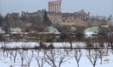 Snow covers the Roman Temple of Jupiter in Lebanon's eastern Bekaa Valley