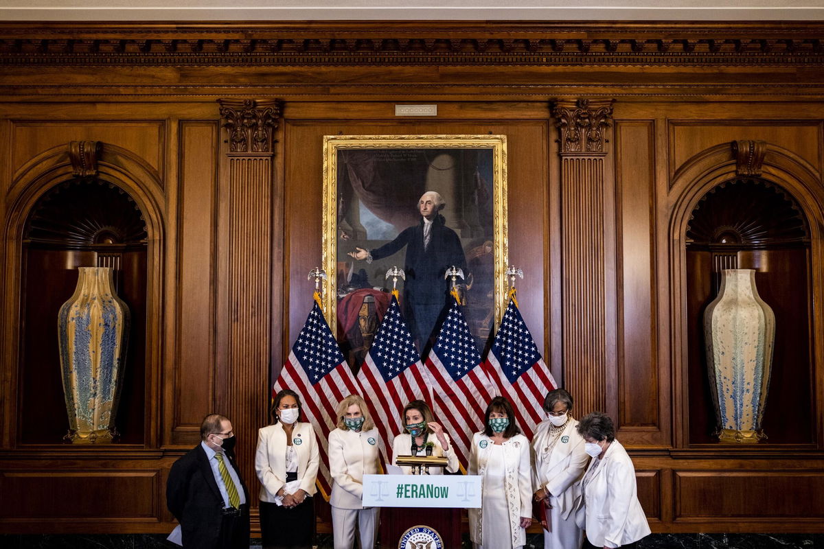 <i>Samuel Corum/Bloomberg/Getty Images</i><br/>House Speaker Nancy Pelosi speaks during a news conference about the Equal Rights Amendment on Tuesday