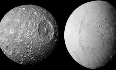 Saturn's small moon Mimas (left) likely has something in common with its larger neighbor Enceladus (right): an internal ocean beneath a thick icy surface.