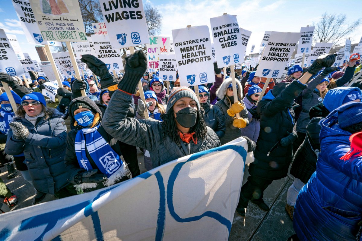 <i>Glen Stubbe/AP</i><br/>Members of the Minneapolis Federation of Teachers are shown protesting for smaller classroom sizes and safer schools on March 9 in St. Paul