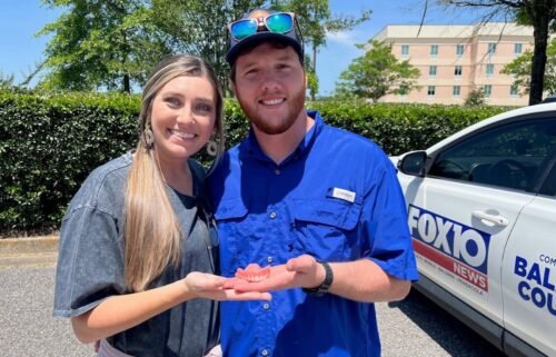 Aaron and Blaire Welborn stopped by the Fox 10 News Studios to show the dentures Aaron found while snorkeling in the Gulf of Mexico.