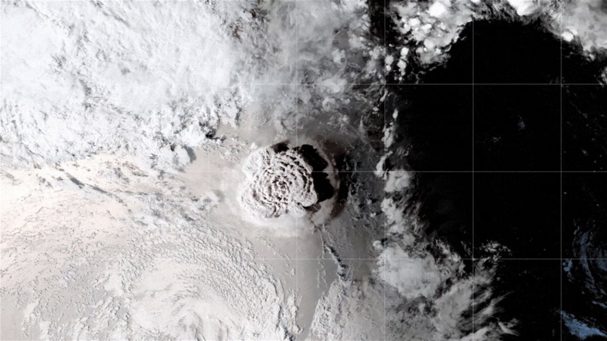 <i>Joshua Stevens/NASA Earth Observatory</i><br/>The GOES-17 satellite captured images of an umbrella cloud generated by the underwater eruption of the Hunga Tonga-Hunga Ha'apai volcano on Jan. 15