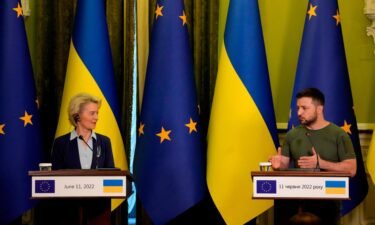 Ukraine President Volodymyr Zelenskyy speaks during a joint press conference with European Commission President Ursula von der Leyen