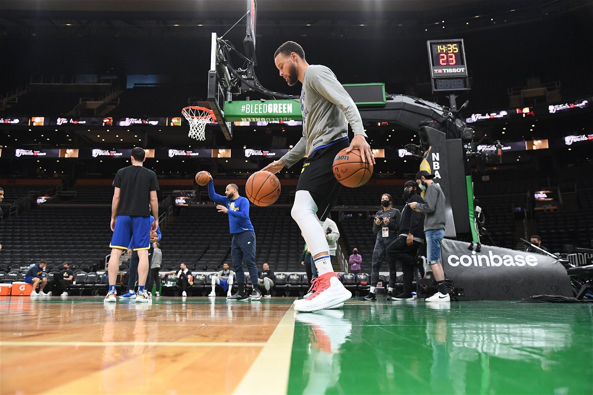 <i>Noah Graham/NBAE/Getty Images</i><br/>Stephen Curry of the Golden State Warriors dribbles during 2022 NBA Finals Practice and Media Availability on June 15  at the TD Garden in Boston
