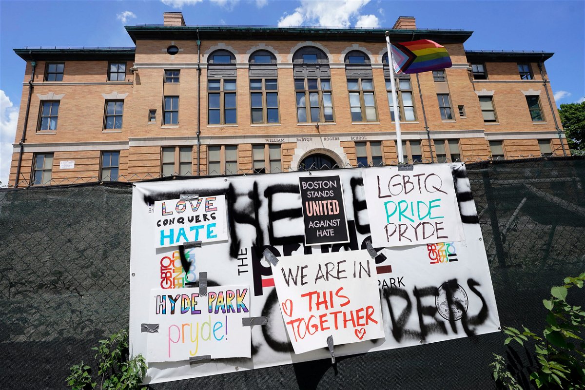 <i>Steven Senne/AP</i><br/>Signs that show support for the LGBTQ community are taped over threatening graffiti