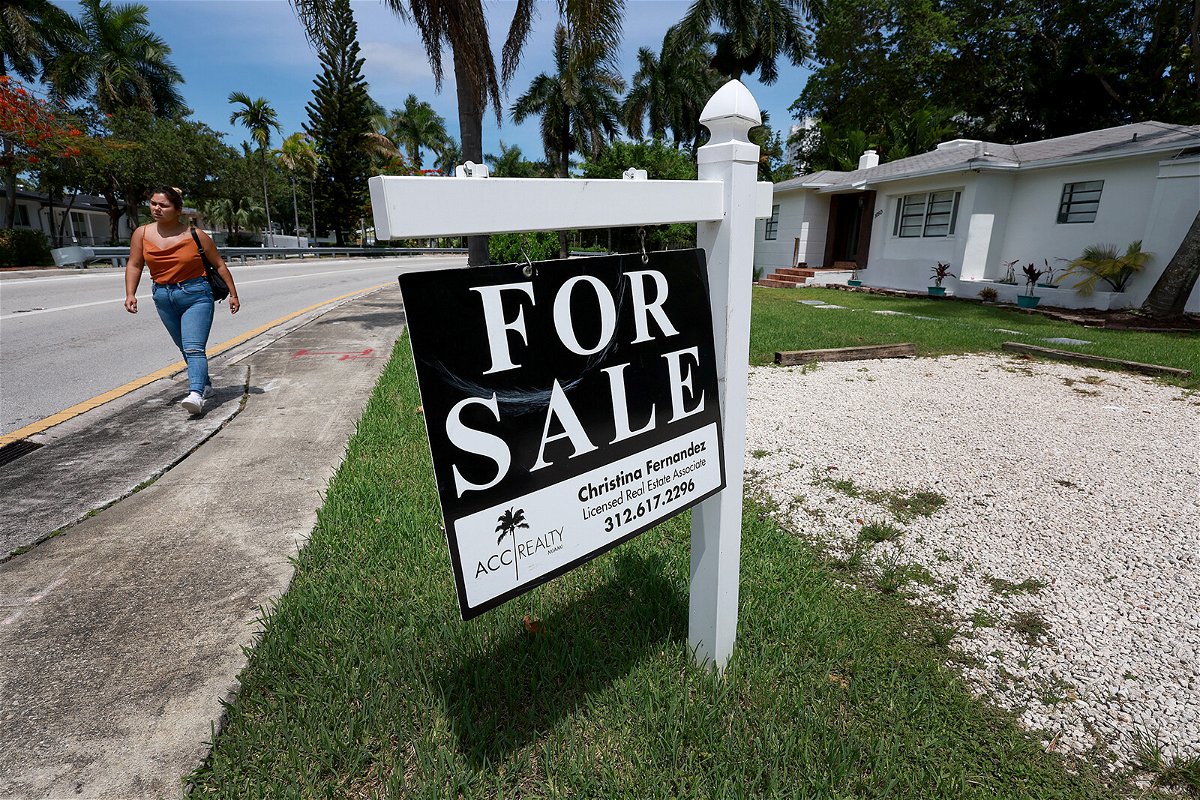 <i>Joe Raedle/Getty Images</i><br/>Home sales declined for the sixth month in a row in July as higher mortgage rates and prices push prospective buyers out of the market. A 'for sale' sign hangs in front of a home on June 21 in Miami.
