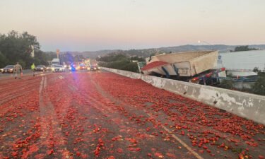 Transportation staff worked for hours to clear thousands of tomatoes off the highway after a truck crashed in California.