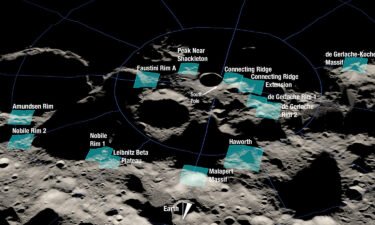 A NASA rendering shows the 13 potential landing regions for Artemis III. Each region is approximately 9.3 by 9.3 miles (15 by 15 kilometers).