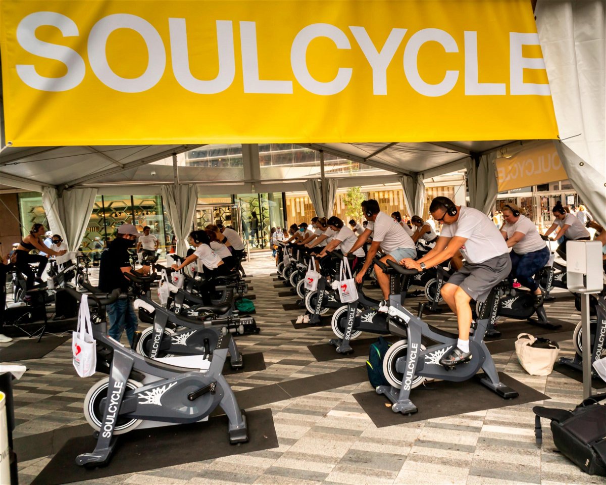 <i>Richard B. Levine/Sipa USA</i><br/>Indoor cycling studio SoulCycle is closing about 25% of its locations. A New York SoulCycle studio is pictured in September of 2020.