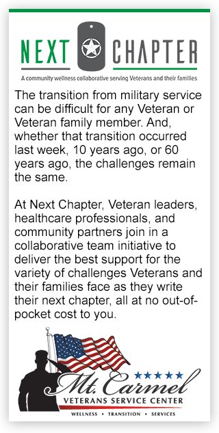 At Next Chapter, Veteran leaders, healthcare professionals, and community partners join in a collaborative team initiative to deliver the best support for the variety of challenges Veterans and their families face as they write their next chapter.