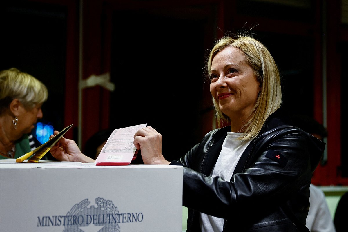 <i>Yara Nardi/Reuters</i><br/>Leader of Brothers of Italy Giorgia Meloni casts her vote in Rome on September 25.