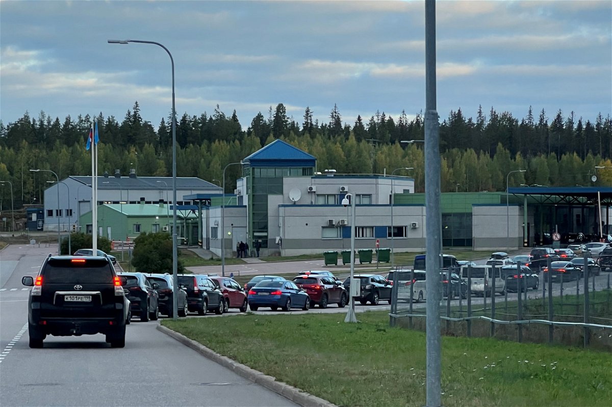 <i>Reuters</i><br/>Cars queue to enter the Brusnichnoye checkpoint on the Russian-Finnish border in the Leningrad Region of Russia on September 22.