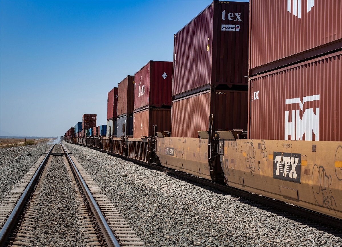 <i>George Rose/Getty Images/File</i><br/>A mile-long Union Pacific freight train is parked along a rail siding near the north shore of the Salton Sea as viewed on May 10 near Mecca