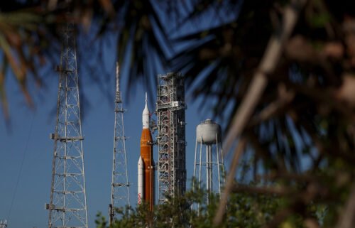 NASA's Artemis I rocket sits on launch pad 39-B after the launch was scrubbed at Kennedy Space Center on September 6 in Cape Canaveral