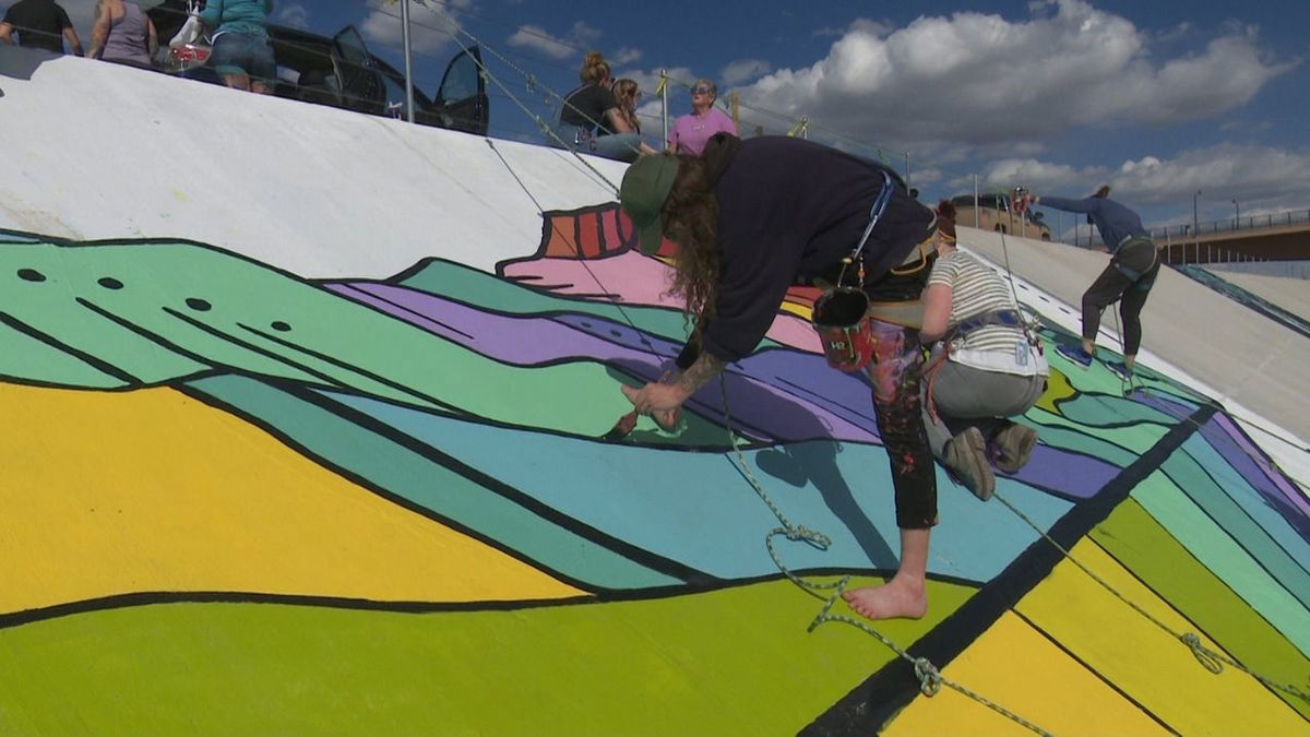 Artists working on a Pueblo Levee mural