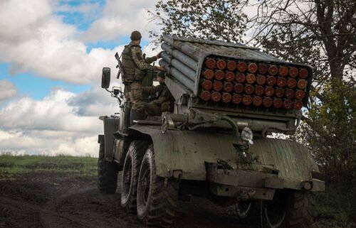 A rocket launcher is seen at a position along the front line in Donetsk region on October 3.