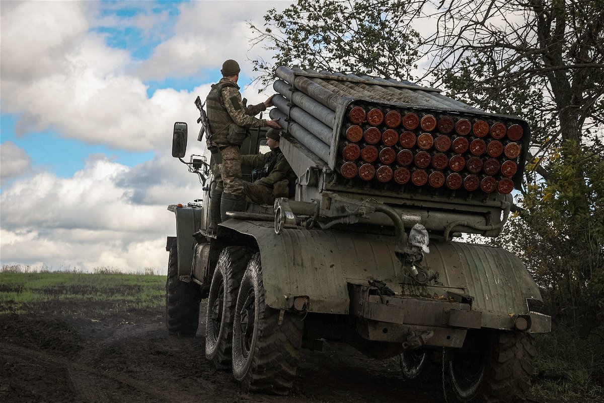 <i>Anatolii Stepanov/AFP/Getty Images</i><br/>A rocket launcher is seen at a position along the front line in Donetsk region on October 3.