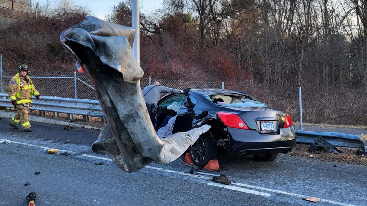 <i>Manchester Fire Rescue EMS</i><br/>A motorist was “miraculously” left with only minor injuries after a car was impaled by a guardrail in Manchester