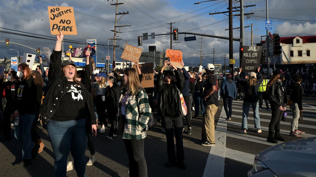 Protesters block traffic as they rally against the fatal police assault of Tyre Nichols, in Venice, California, on January 29.