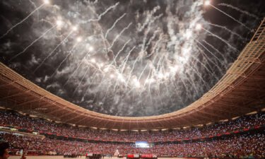 Fireworks light up the sky over the Basra International Stadium during the opening ceremony ahead of the 25th Arabian Gulf Cup's first match between Iraq and Oman in Basra