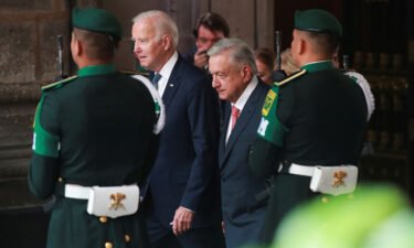 President Joe Biden meets his Mexican counterpart Andres Manuel Lopez Obrador at an official welcoming ceremony before taking part in the North American Leaders' Summit in Mexico City